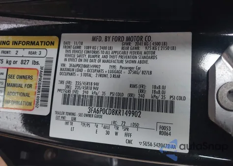 2019 Ford Fusion Sel from USA, damaged, VIN 3FA6P0CD8KR149902